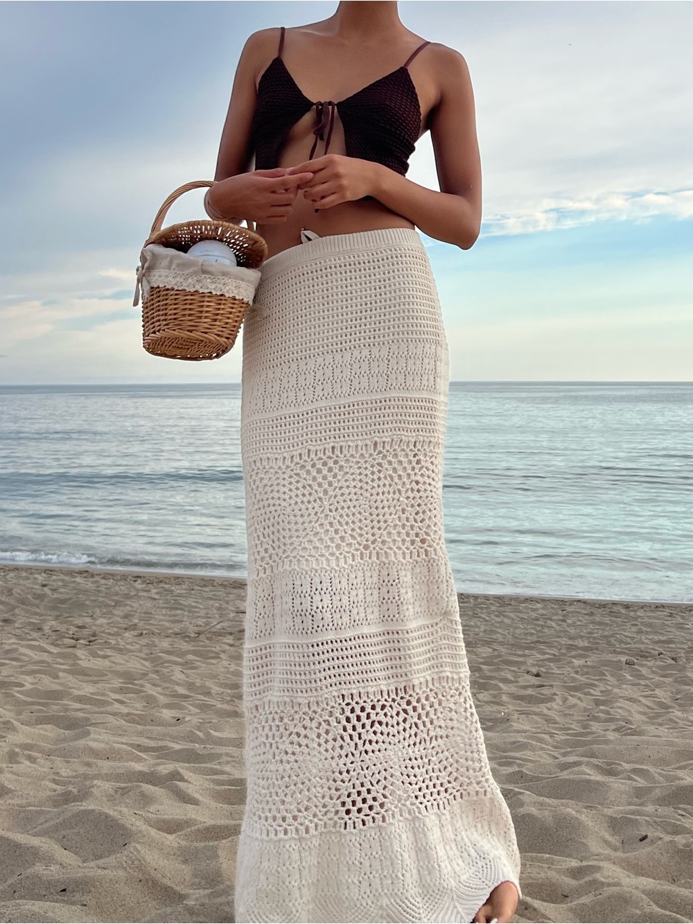 Crochet Maxi Skirt in Cream - Beachwear, vacation resort style